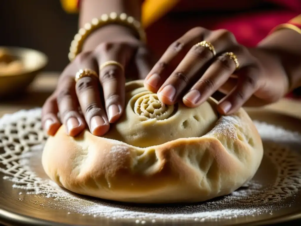 Unas manos delicadas moldean masa en detalle, conectando con la espiritualidad de la cocina durante el festival Paryushan