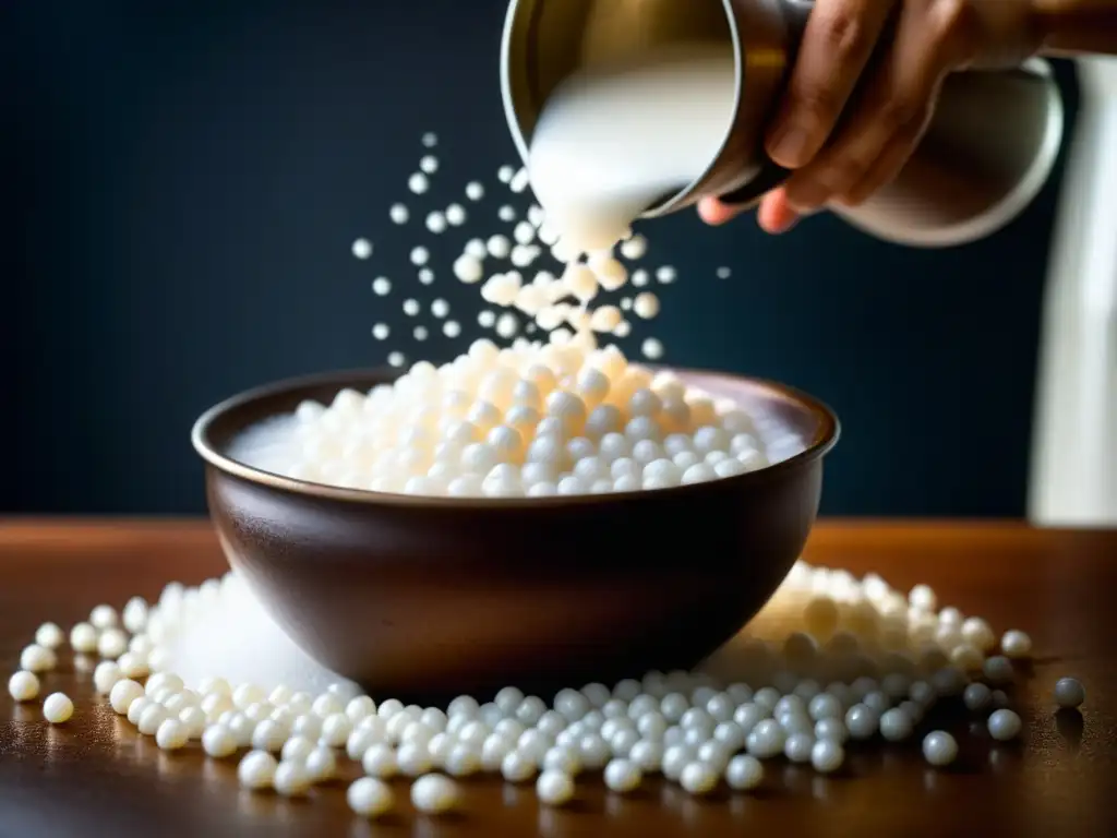 Manos delicadas esparciendo tapioca en leche de coco hirviendo, resaltando la textura y translucidez de las perlas