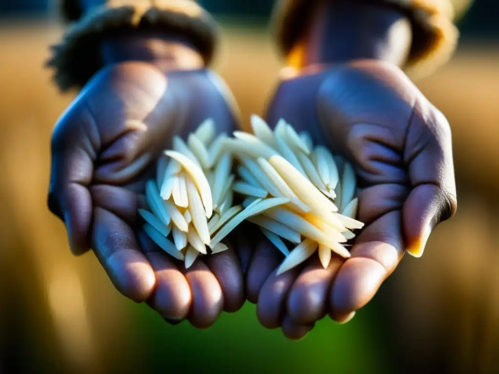 Resiliencia en la palma: Detalle de manos y grano de arroz Manos desgastadas sostienen un grano de arroz, simbolizando estrategias supervivencia alimentaria hambruna