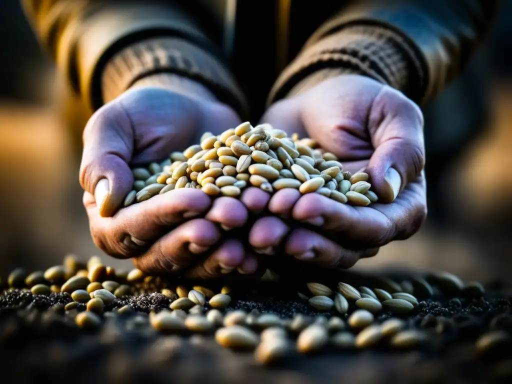 Manos y granos: Resiliencia en tiempos de guerra Manos desgastadas sostienen granos, simbolizando estrategias supervivencia alimentaria hambruna