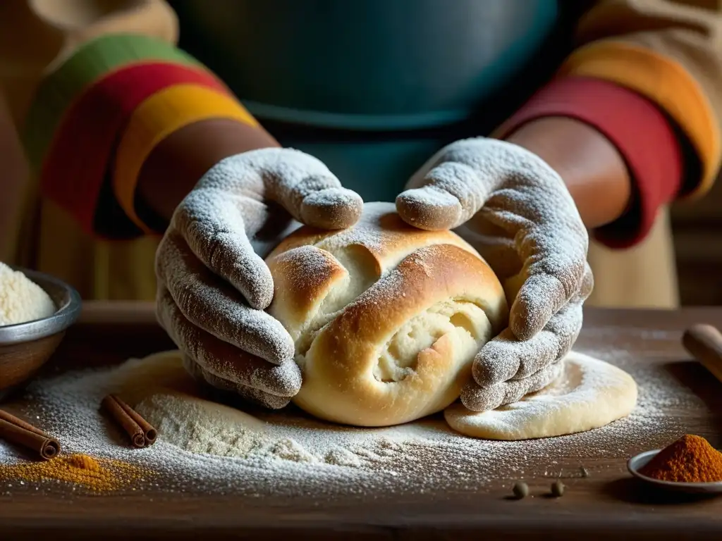 Unas manos desgastadas amasan masa en una cocina sudamericana tradicional