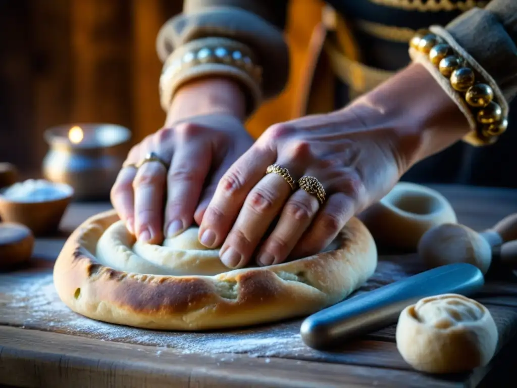 Unas manos desgastadas amasan masa en una mesa de madera, creando pan vikingo