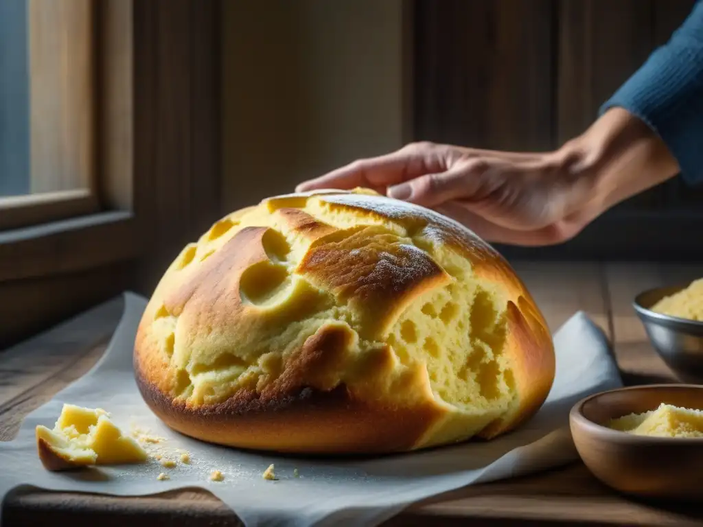 Manos desgastadas amasan masa de pan de maíz en mesa rústica