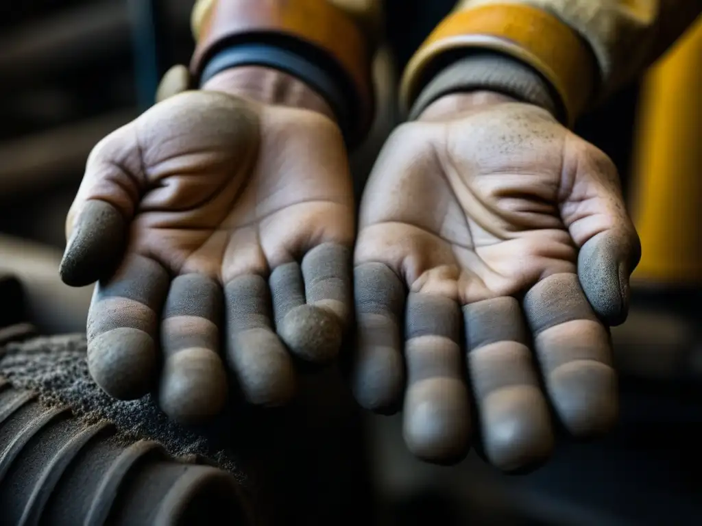 Las manos desgastadas de un obrero durante la Revolución Industrial, reflejando el impacto en su dieta y consumo