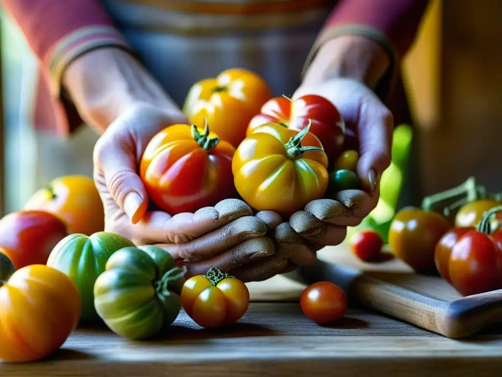 Unas manos desgastadas sostienen tomates de colores vibrantes en una escena que evoca la importancia de lo orgánico histórico