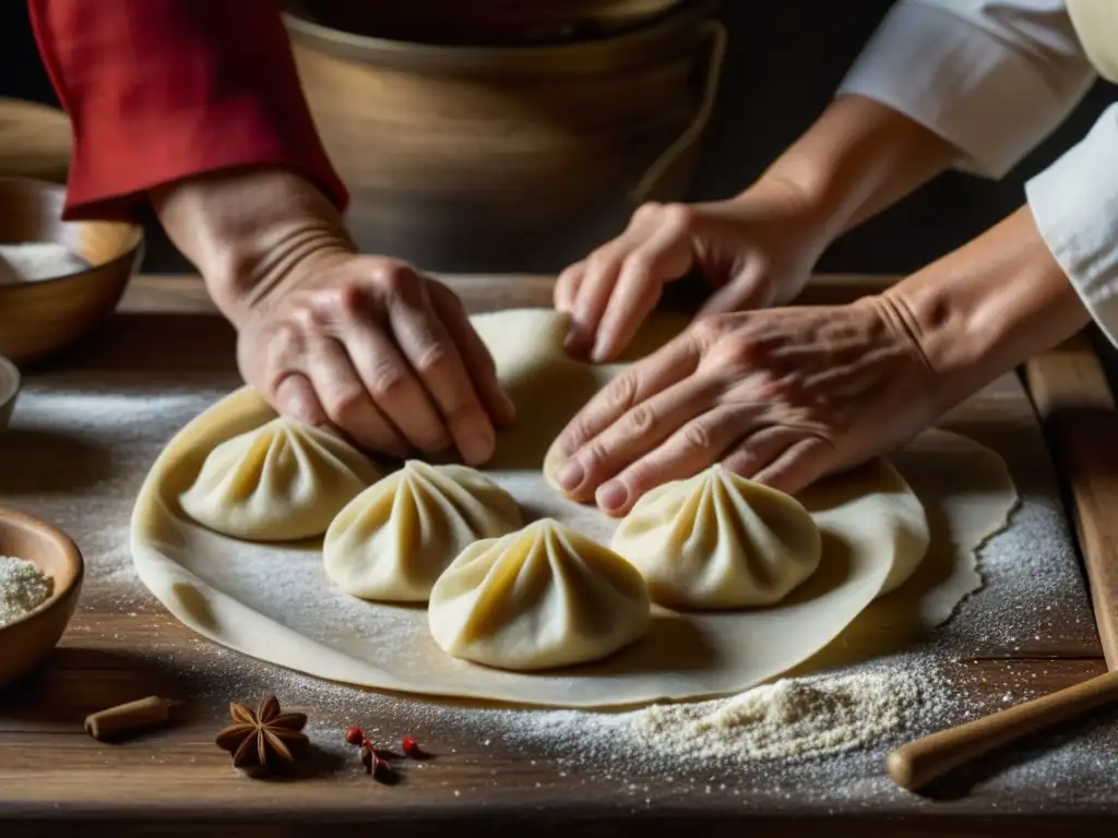 Unas manos detalladas amasan masa para dumplings, con utensilios antiguos y especias, evocando recetas antiguas minorías étnicas Asia