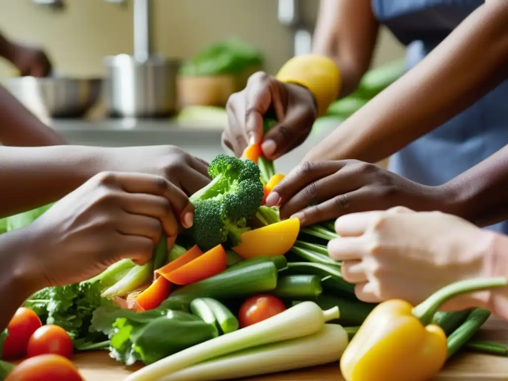 Unión de manos diversas en cocinas comunitarias durante crisis, preparando alimentos con propósito compartido