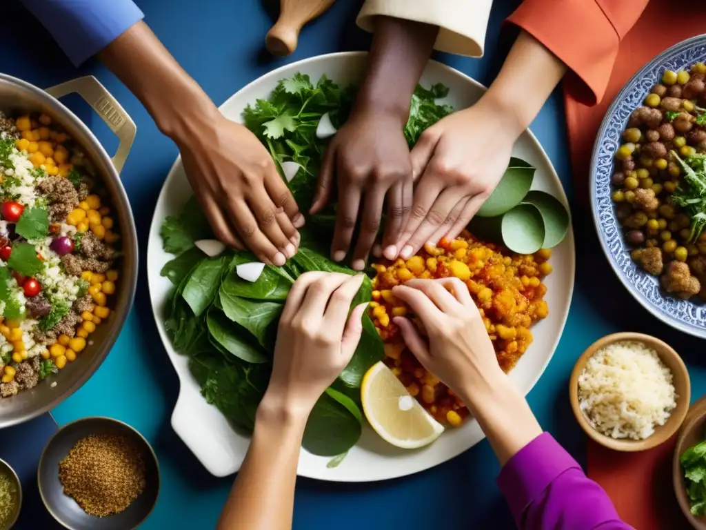 Unión de manos diversas preparando una comida histórica, reflejando reconciliación cultural a través de la cocina