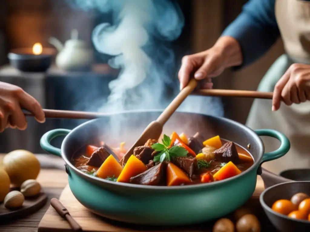 Unión de manos diversas sobre olla de estofado humeante en cocina rústica