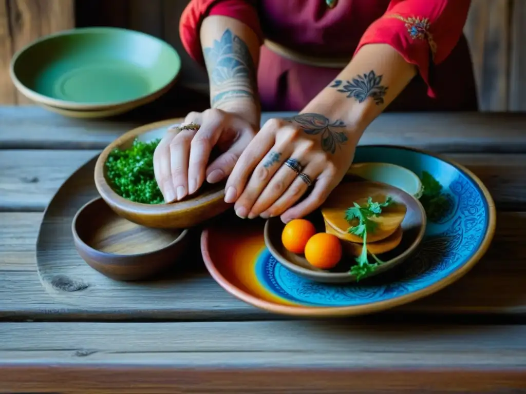 Unas manos envejecidas con amor disponen recetas históricas de Europa del Este en una mesa rústica