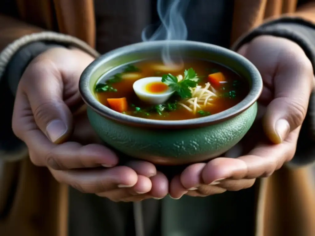 Manos envejecidas sujetan un bol de sopa humeante, mostrando detalles de la piel áspera, cicatrices y venas, simbolizando resiliencia y supervivencia a través de la alimentación histórica y cultural detallada