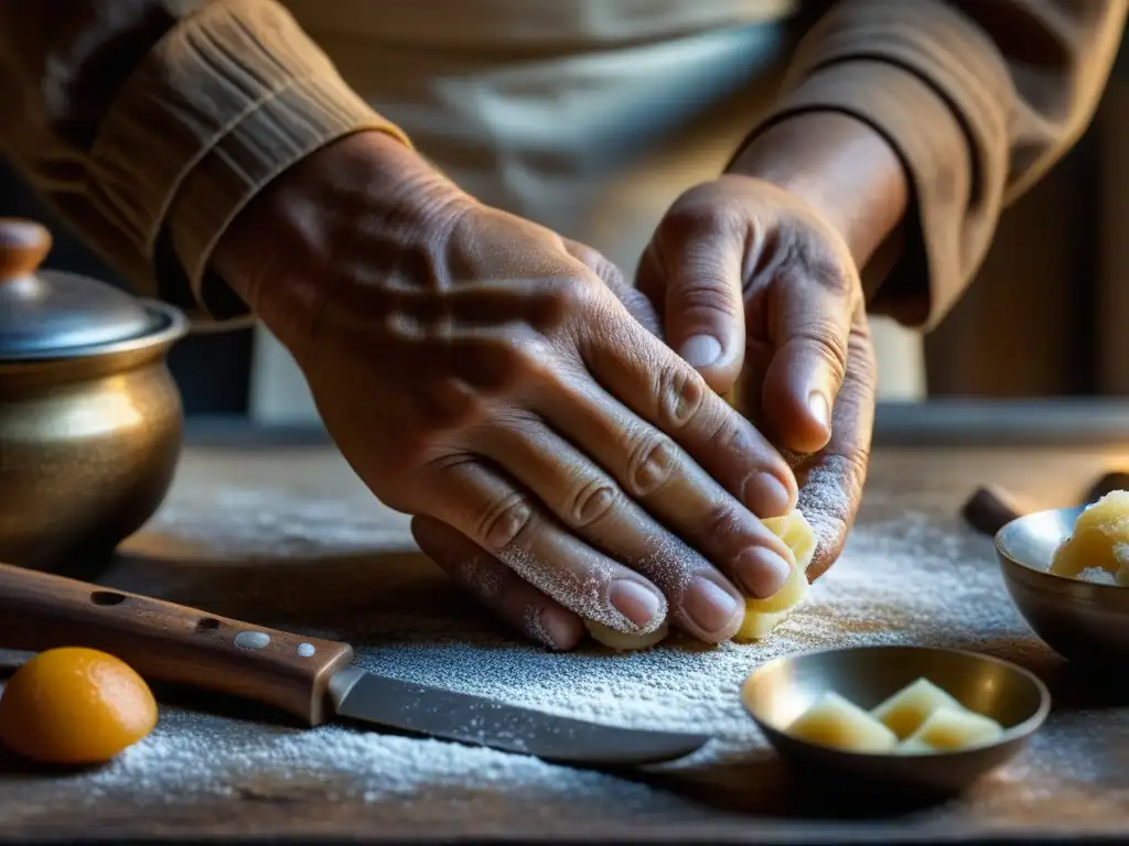 Unas manos envejecidas crean dulces tradicionales en tiempos guerra, rodeadas de utensilios vintage en cocina nostálgica