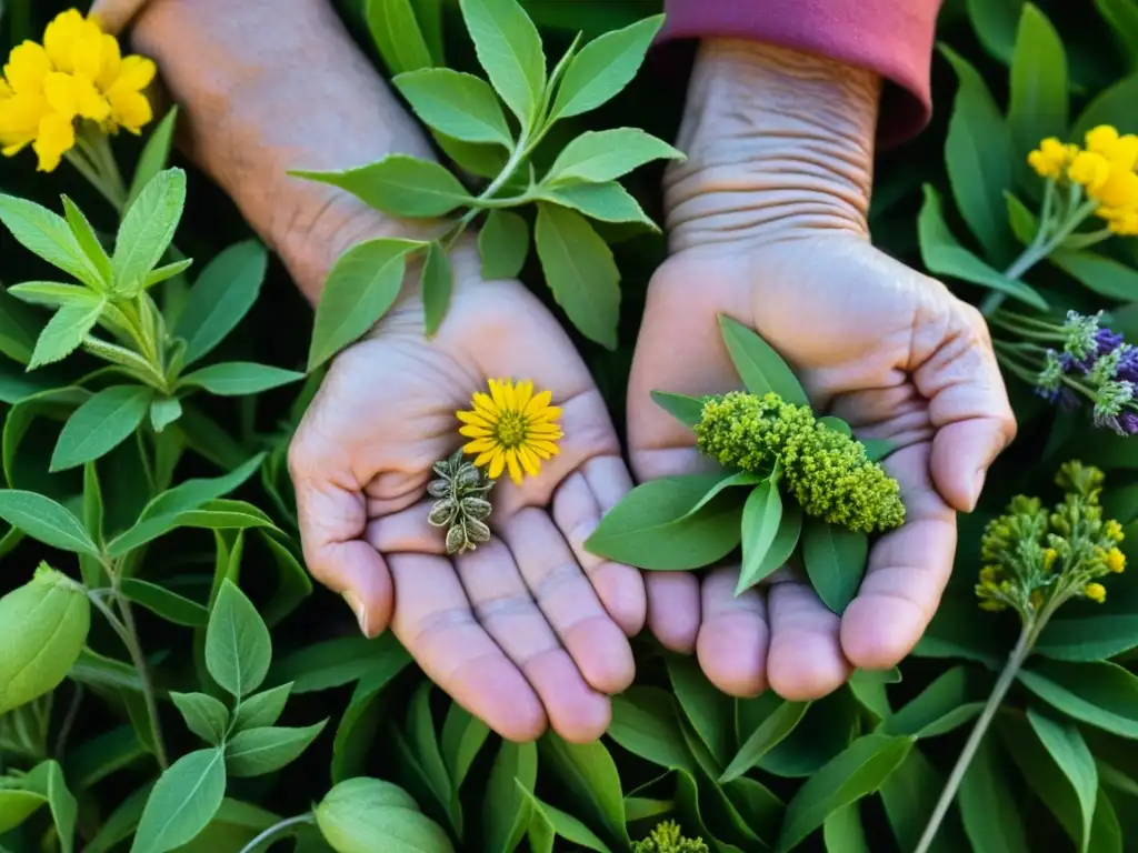 Manos envejecidas sostienen hierbas medicinales, revelando la sabiduría y el rol antioxidante de la naturaleza