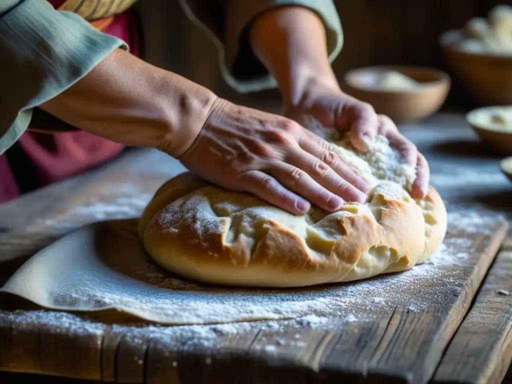 Unas manos envejecidas amasan la masa con destreza en una mesa de madera rústica, mostrando prácticas de cocina sostenible de la Edad Media