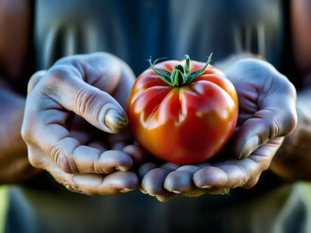 Manos envejecidas cuidan tomate, simbolizando la importancia de preservar recetas históricas con productos orgánicos