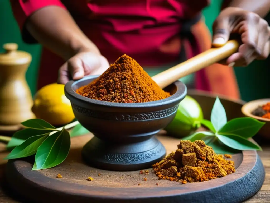 Manos moliendo especias tradicionales Minangkabau para el rendang, destacando la historia del plato