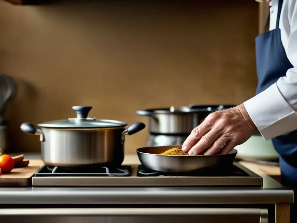 Las manos experimentadas de un chef mayor usando un gadget moderno en una cocina tradicional, con un ambiente de tradición culinaria