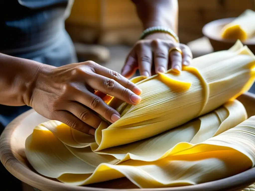 Arte ancestral: manos expertas preparando tamales con maestría Unas manos experimentadas esparciendo masa de maíz sobre una hoja de maíz, demostrando la técnica tradicional de hacer tamales