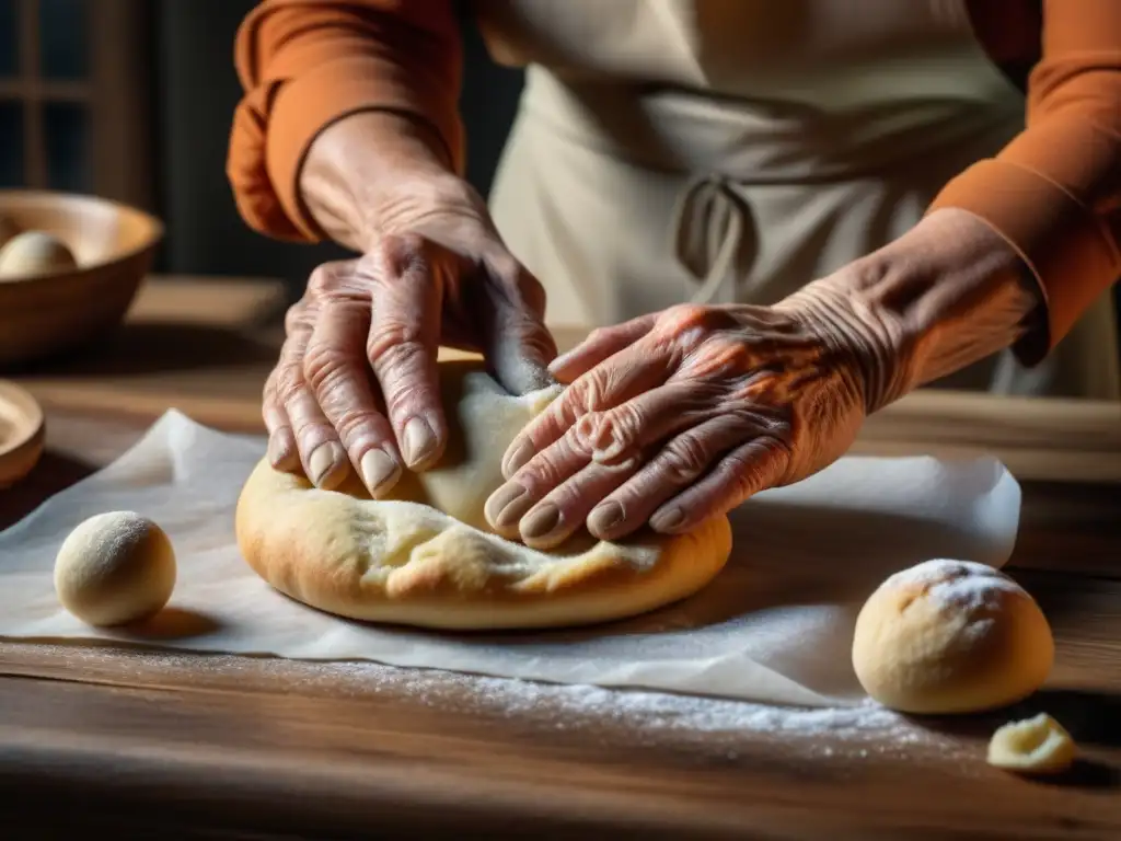 Manos experimentadas moldeando masa en mesa de cocina desgastada, reflejando el impacto cultural de la Gran Depresión en la cocina contemporánea