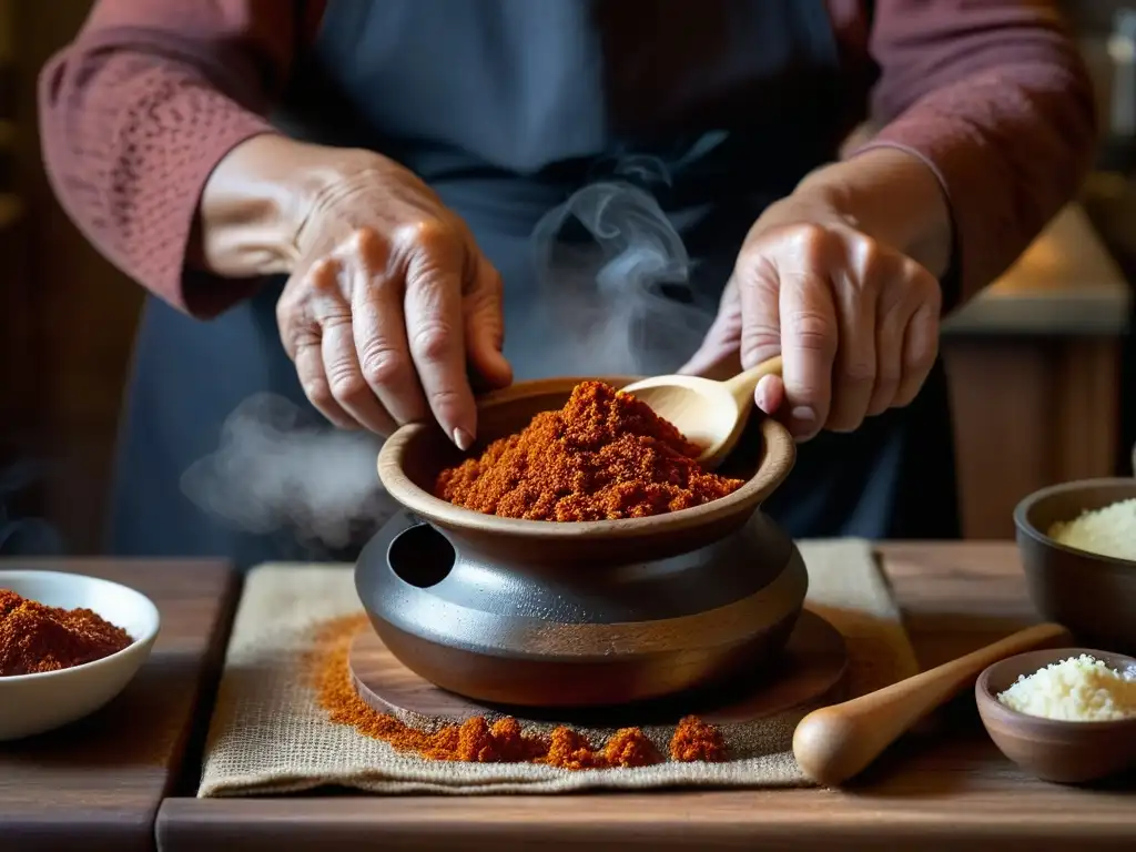 Las manos expertas de una abuela armenia moldeando harissa en una cocina rústica y tenue