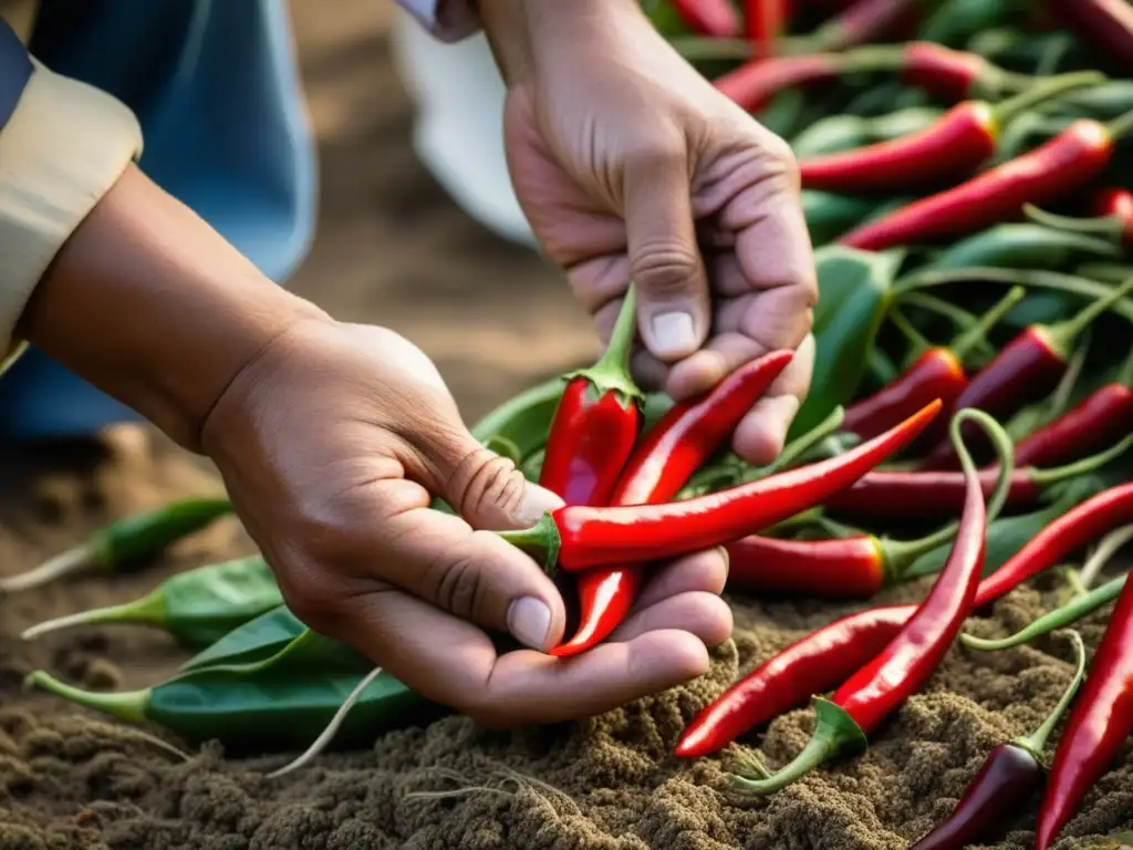 Manos expertas cosechan ajíes rojos en un campo andino