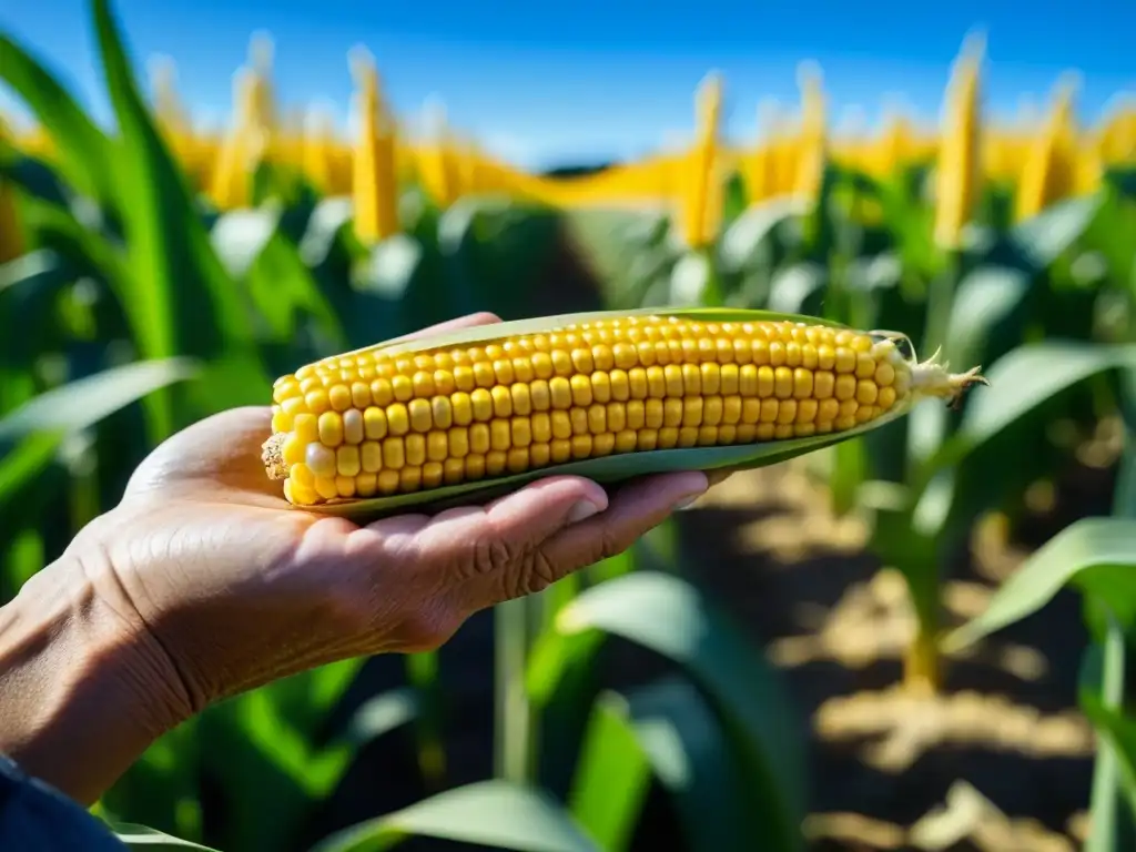 Manos expertas cosechando maíz amarillo vibrante en un campo extenso bajo cielo azul
