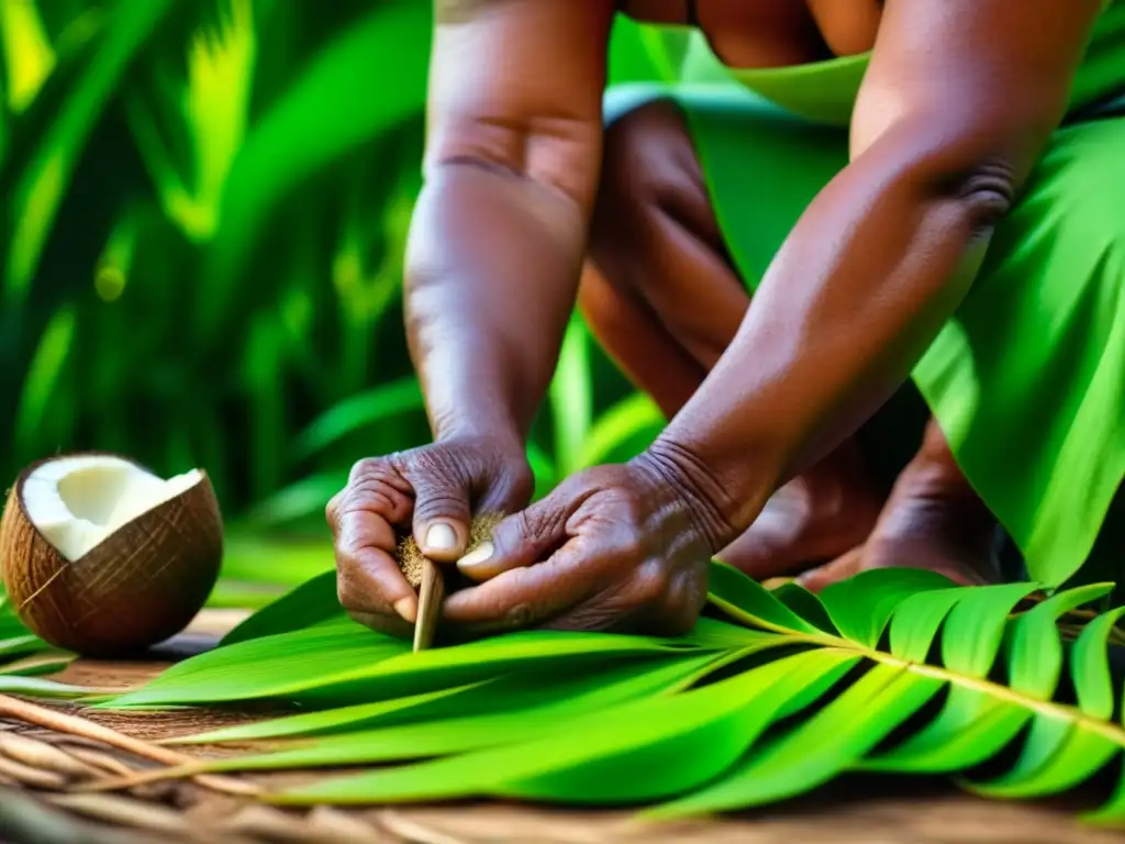 Manos expertas de anciana micronesia usando utensilios tradicionales alimentos micronesios en exuberante jardín tropical