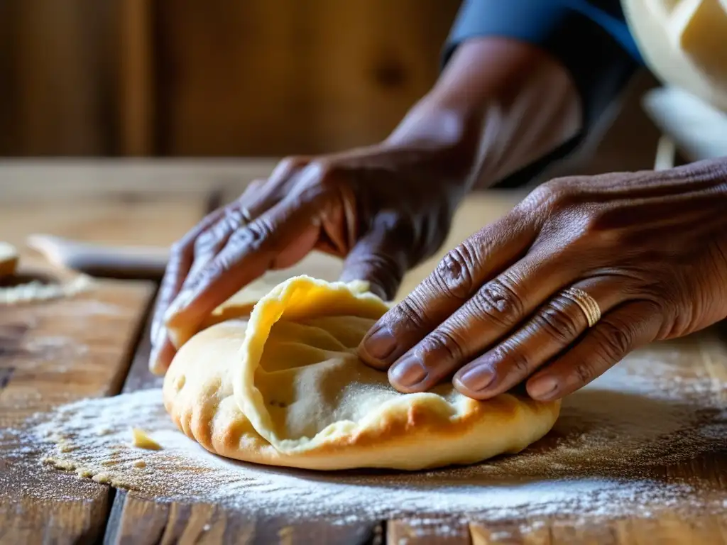 Las manos expertas de una anciana mujer negra amasando masa para vetkoek, recetas históricas desafiando Apartheid