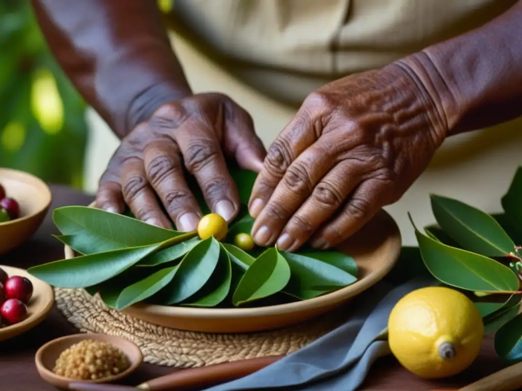 Manos expertas de anciano aborigen preparando platillo con ingredientes tradicionales de Australia, recetas históricas culturas épocas Australia