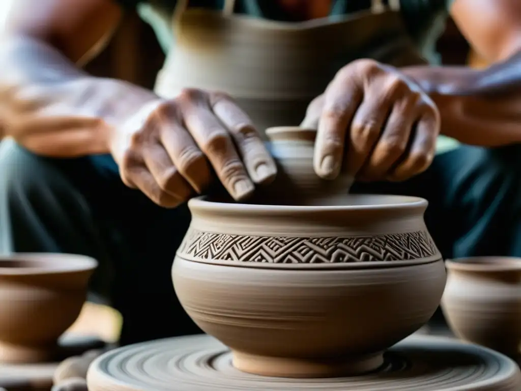 Manos expertas moldeando arcilla en torno alfarero, resaltando la importancia cultural de la cerámica en la experiencia del té