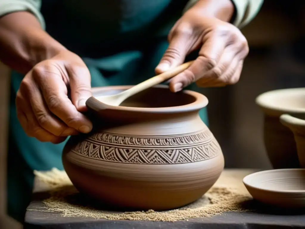 Manos expertas moldeando arcilla para crear utensilios de cocina con materiales naturales