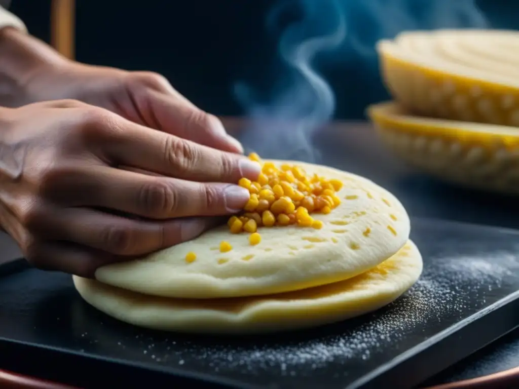 Unas manos expertas crean una arepa, fusiones creativas arepas históricas