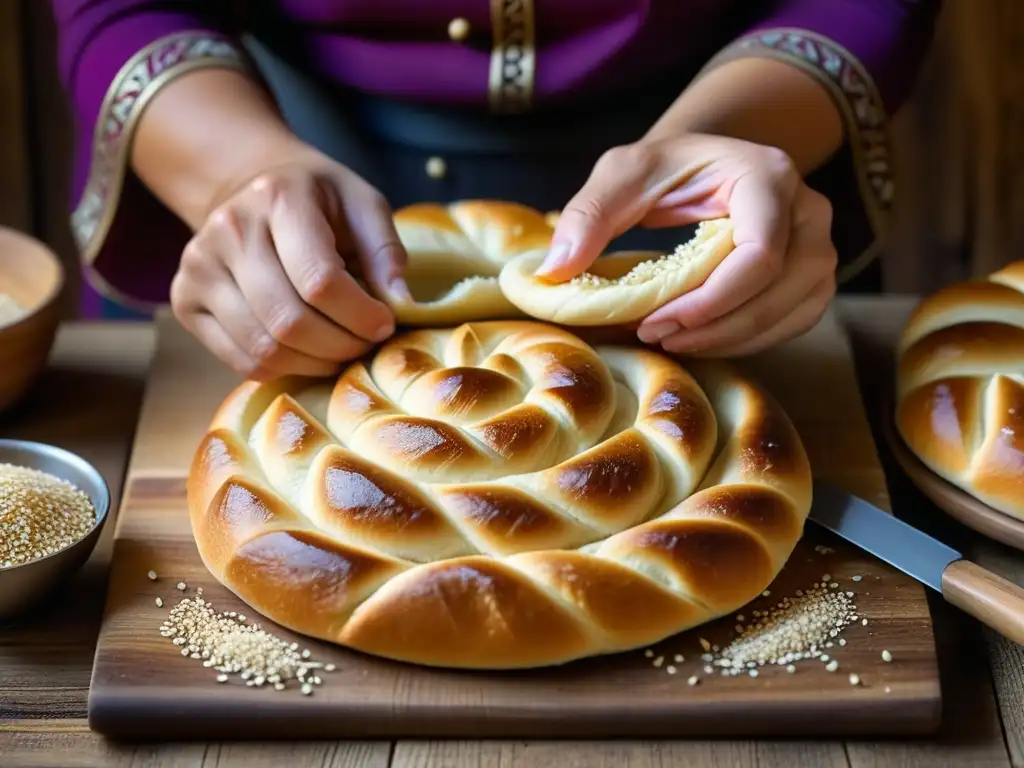 Manos expertas elaborando choreg armenio, recetas históricas gastronomía armenia festividades