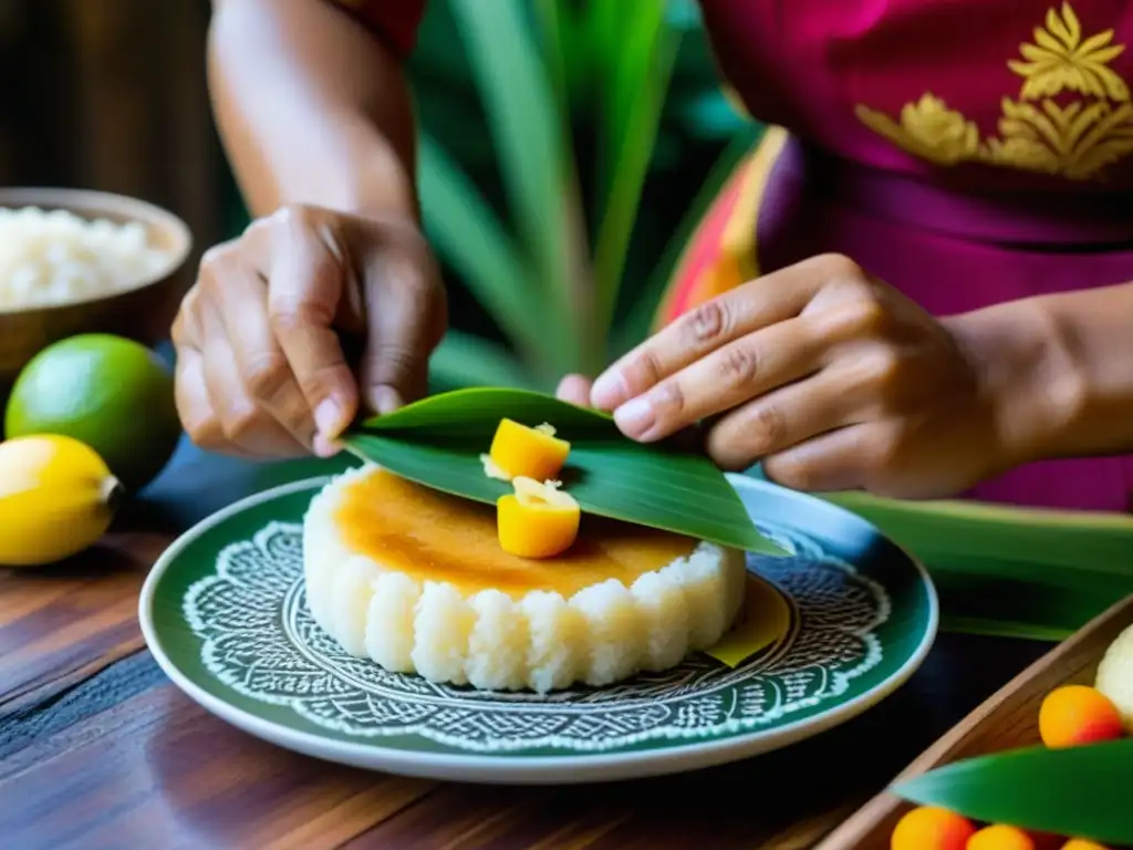 Unas manos expertas moldean arroz glutinoso en pasteles tradicionales del sudeste asiático, rodeadas de ingredientes vibrantes