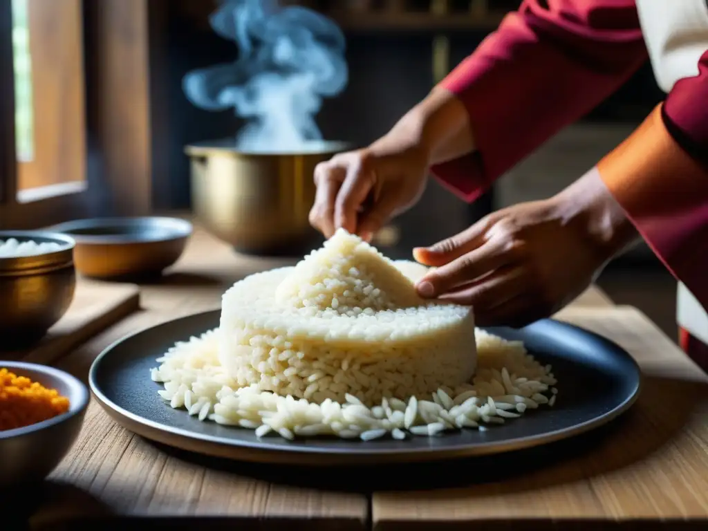 Manos expertas moliendo arroz para los pasteles de Maha Shivaratri, tradición culinaria en un entorno rústico