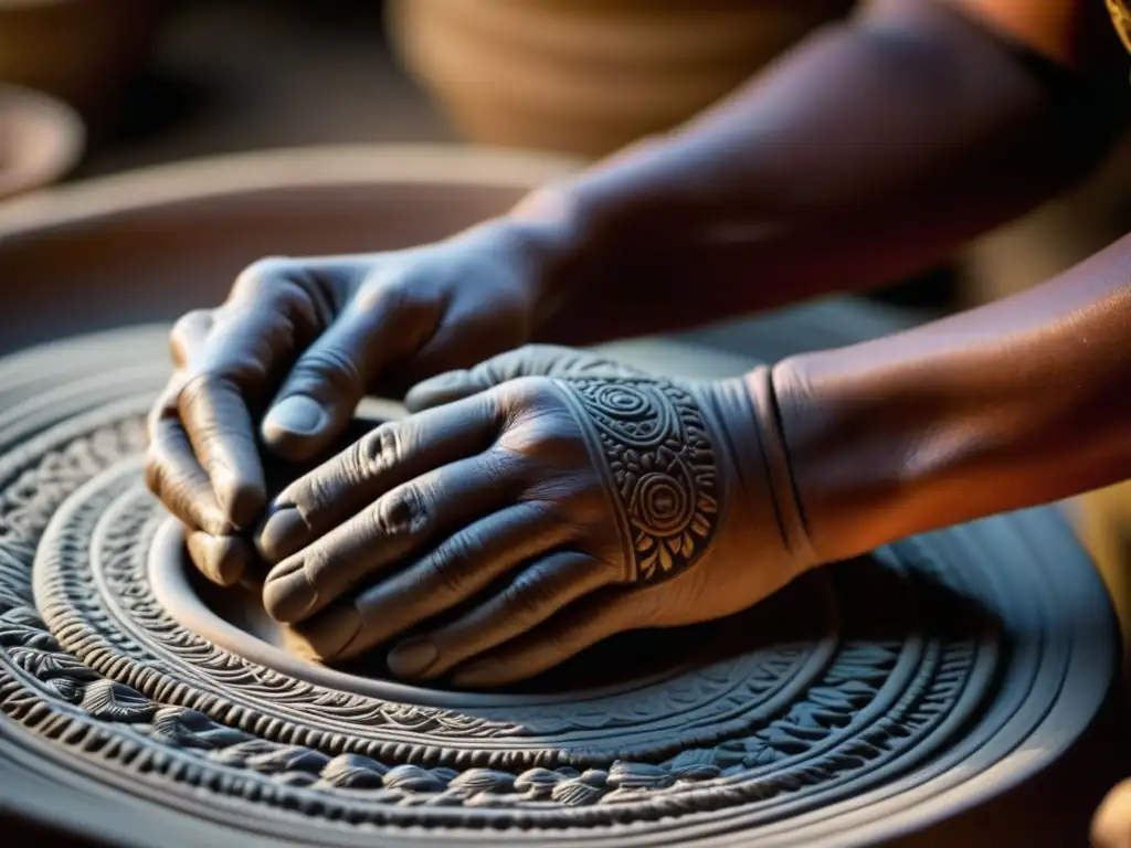 Las manos expertas de un artesano Maya moldeando cerámica en cocina, mostrando tradición y destreza