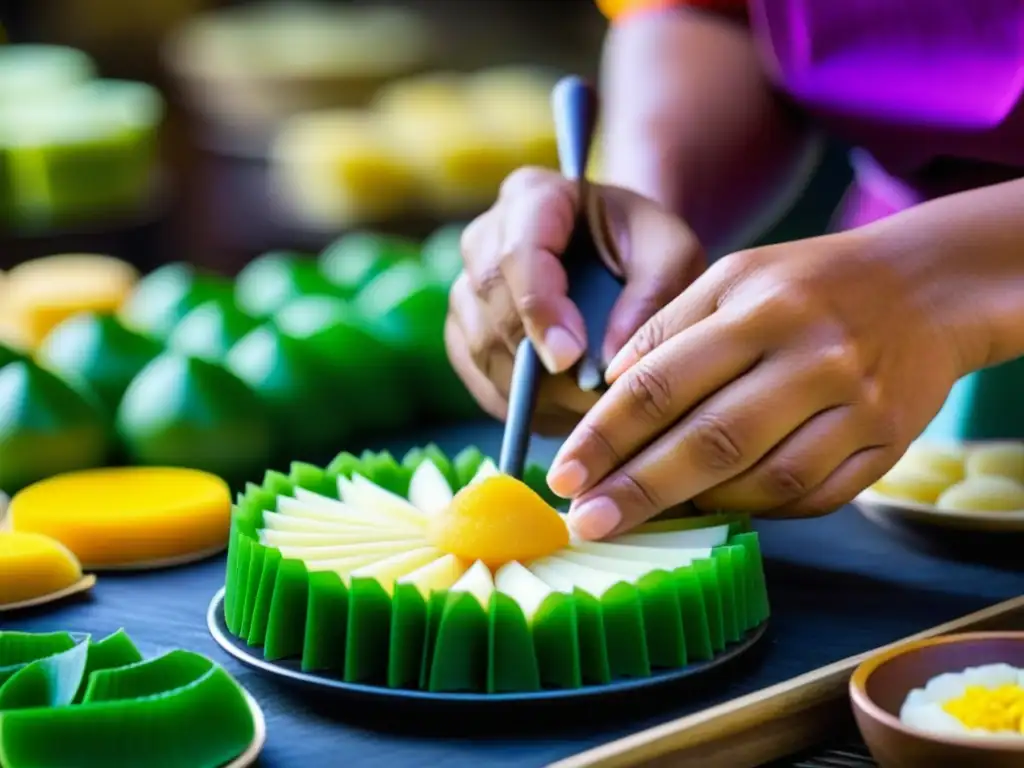 Las manos expertas de un artesano creando Kueh en un mercado de Singapur, destacando el significado de dulces tradicionales Singapur