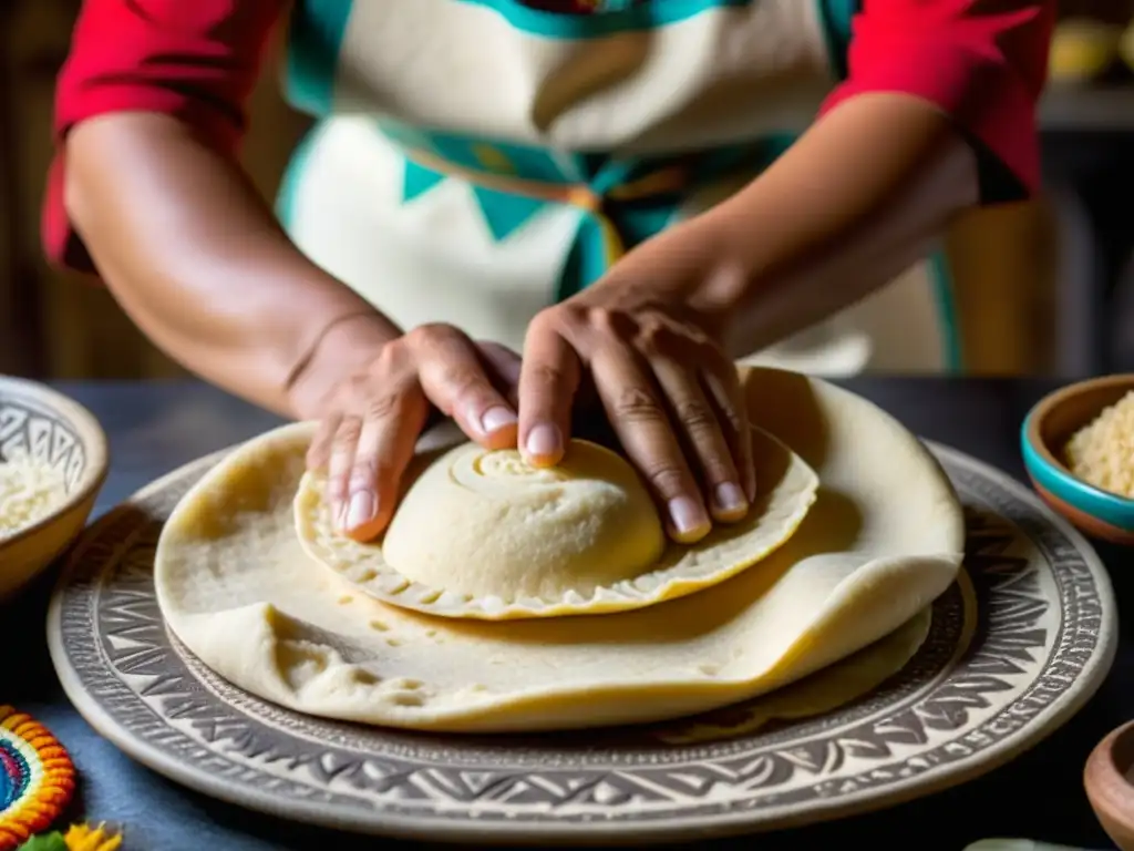 Las manos expertas de un artesano formando una tortilla de maíz redonda, destacando la importancia cultural de este alimento mexicano