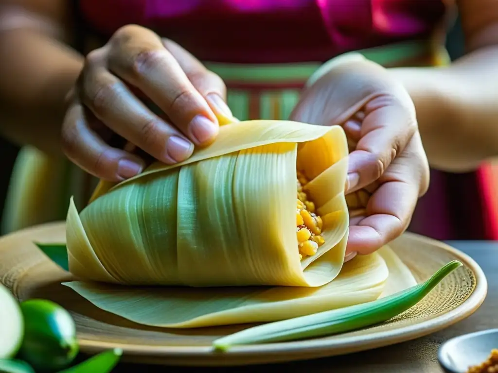 Unas manos expertas de ascendencia indígena crean un tradicional tamal mexicano, resaltando la técnica culinaria ancestral