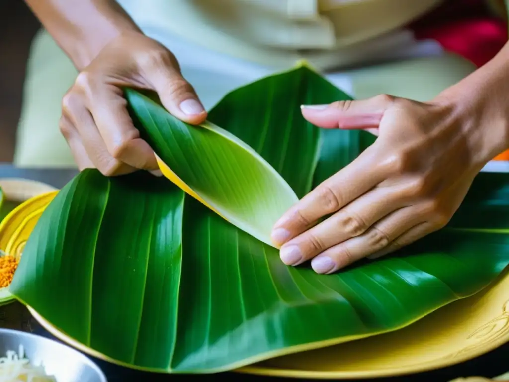 Manos expertas envuelven un Bánh Chưng, resaltando la tradición y origen ceremonia Bánh Chưng Vietnam
