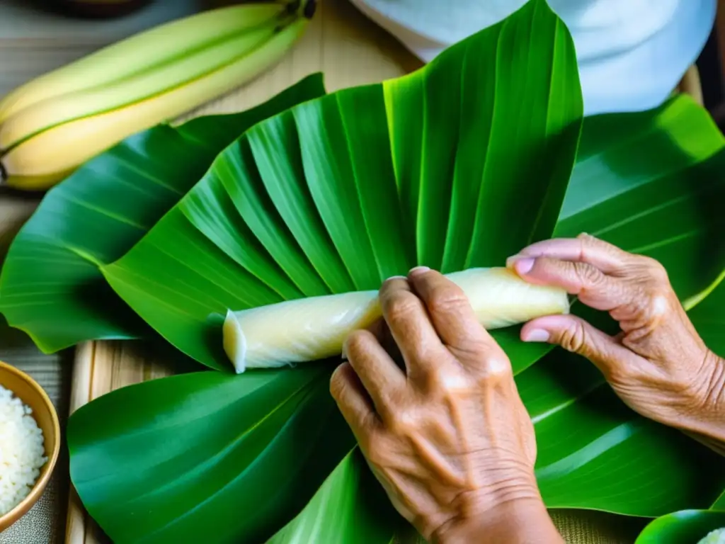 Manos expertas envuelven un Bánh Chưng vietnamita en hojas de plátano verde, destacando el origen ceremonia Bánh Chưng Vietnam
