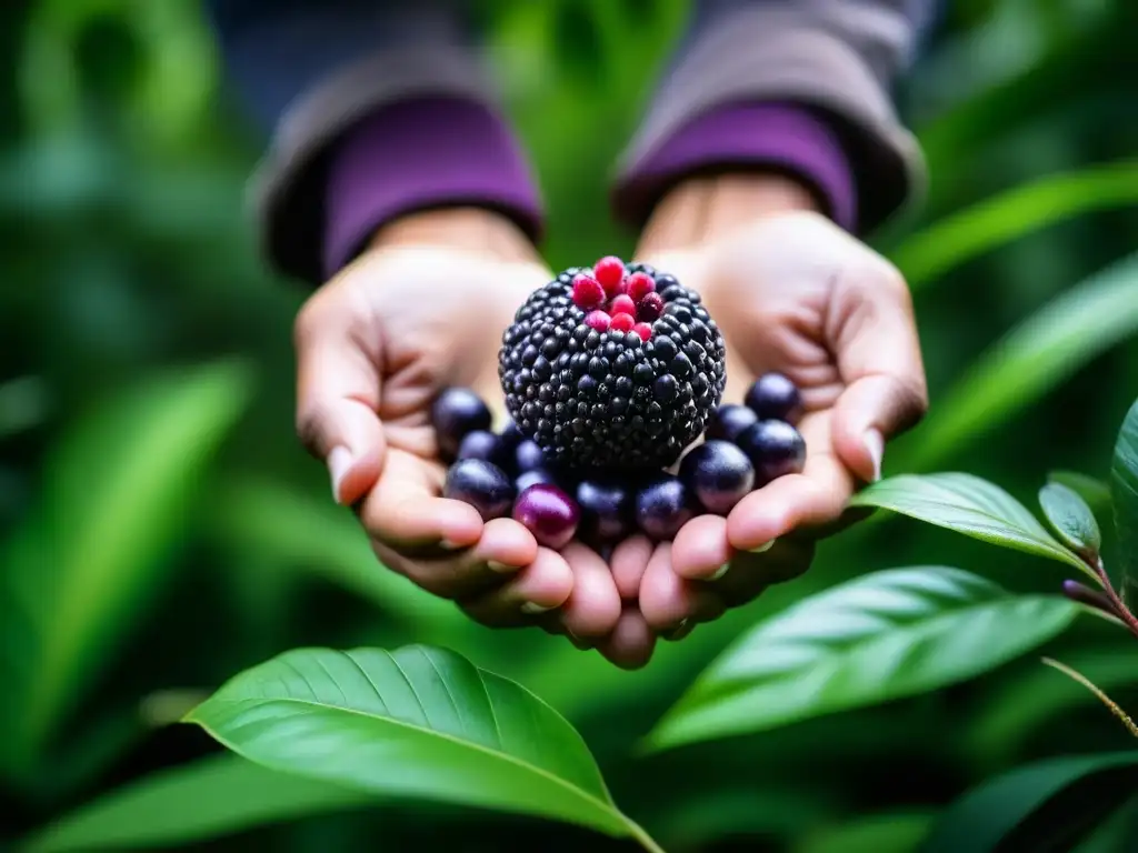 Manos expertas sostienen una baya de açaí en la exuberante selva amazónica