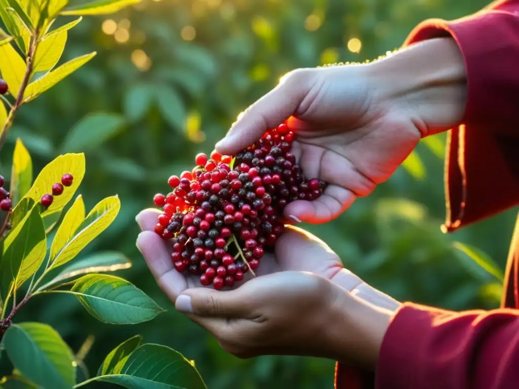 Manos expertas recolectando bayas de sumac rojo al amanecer en Oriente Medio