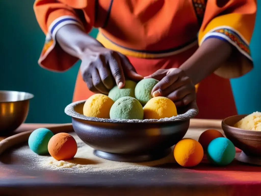 Manos expertas moldeando bolas de fufu en la cocina africana, simbolizando resistencia colonial