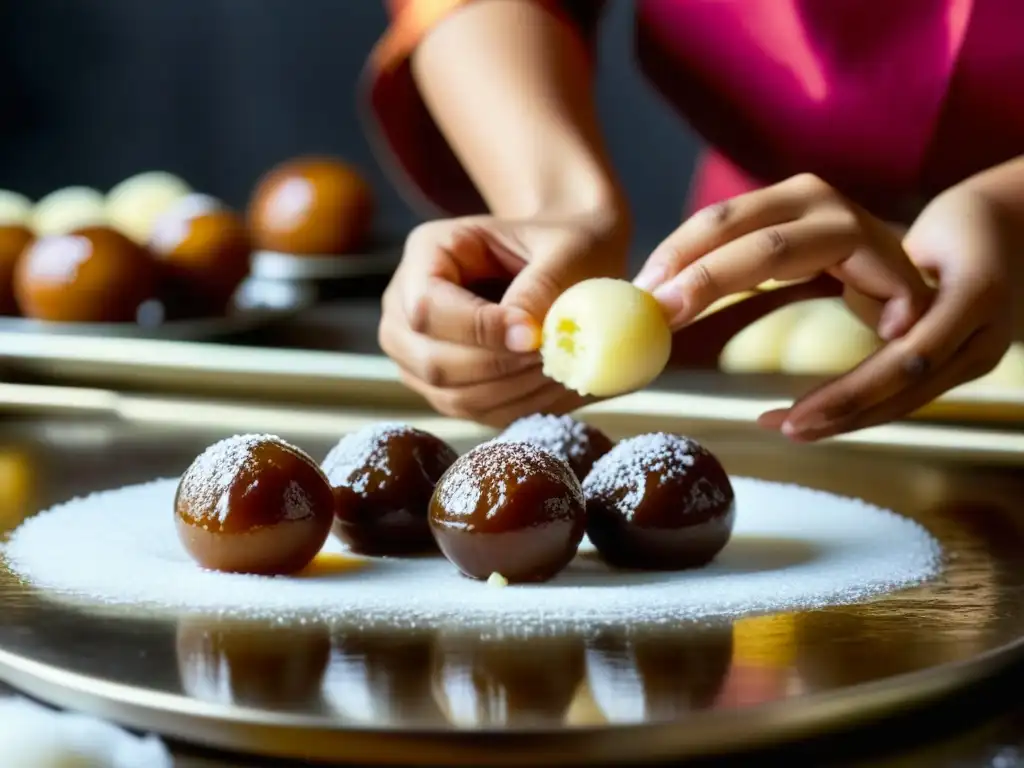 Manos expertas crean bolas de Gulab Jamun con destreza, mostrando la textura y el proceso