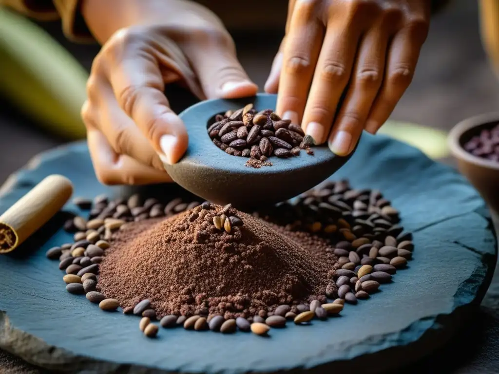 Molienda artesanal de cacao en metate: tradición y destreza Manos expertas moliendo cacao en metate, resaltando rituales hispanoamericanos chocolate historia