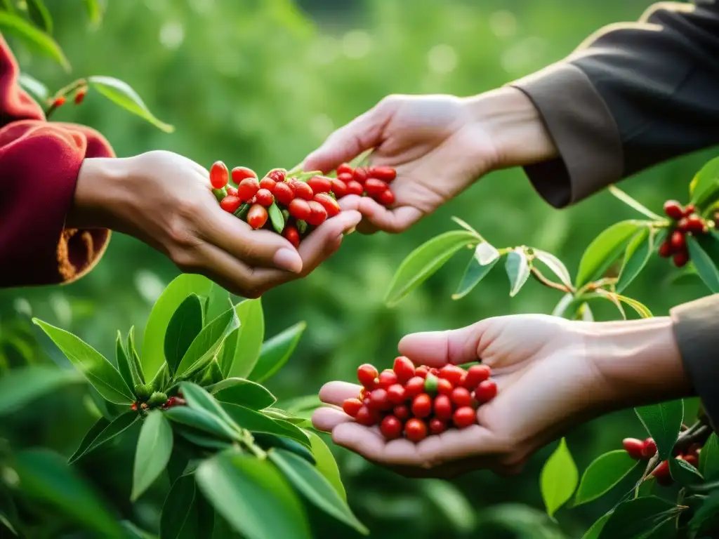 Recolección de bayas de goji: tradición china Manos expertas cosechan bayas goji en la campiña china, capturando los beneficios de la medicina tradicional China