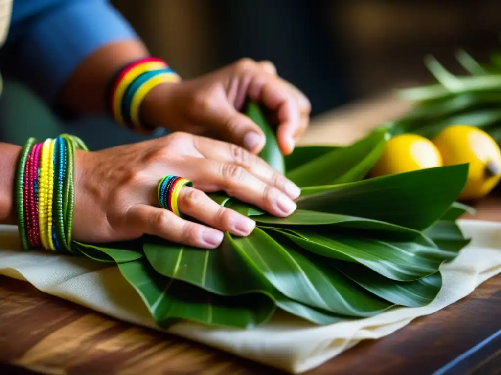 Unas manos expertas envuelven carne en hojas de maguey para preparar mixiotes, en una cocina azteca