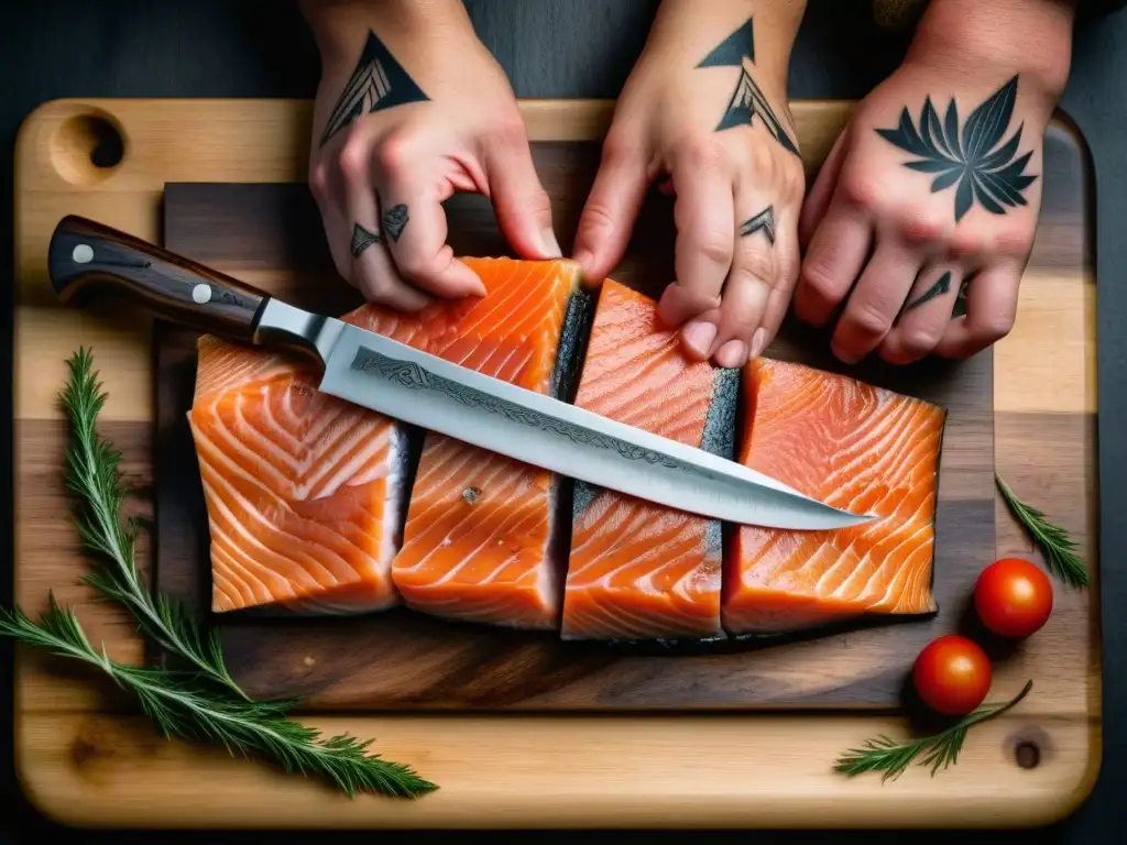 Manos expertas en caza y recolección en cocina vikinga, desollan un salmón fresco