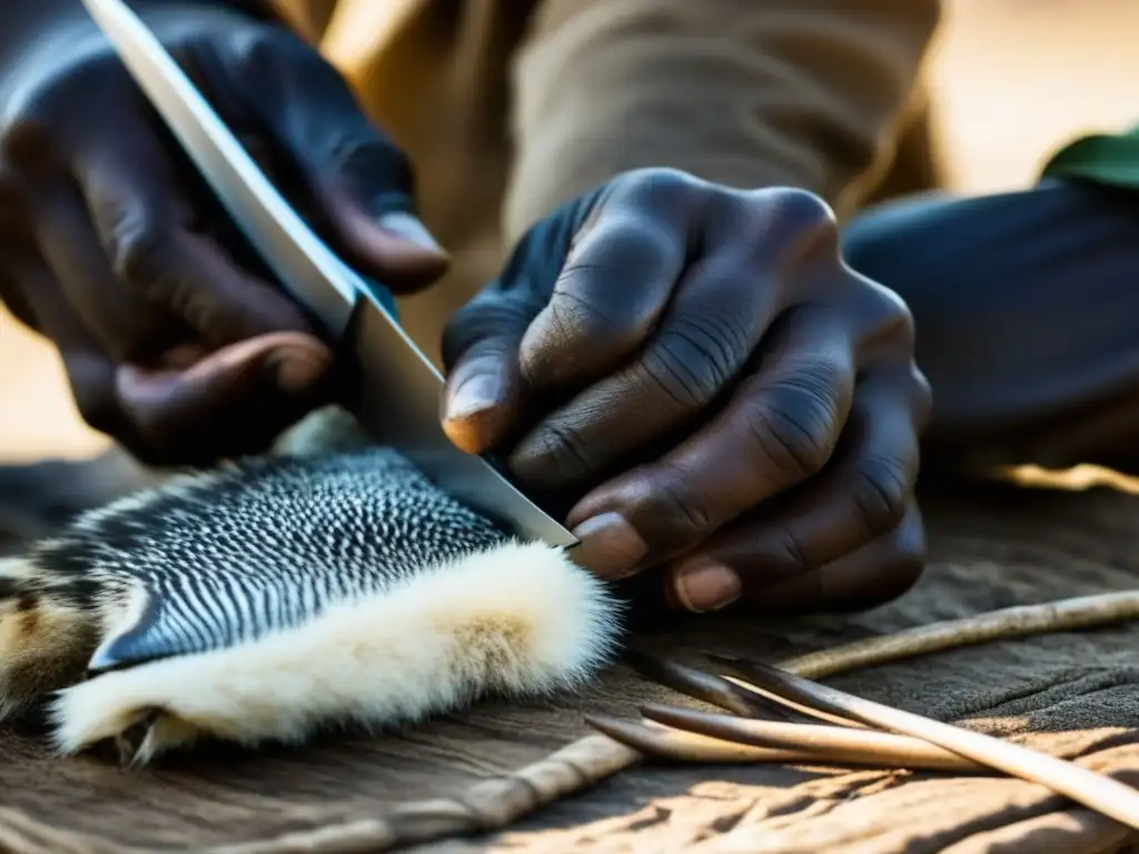 Manos expertas de cazador africano desollando animal exótico, destacando la importancia cultural carnes exóticas africanas